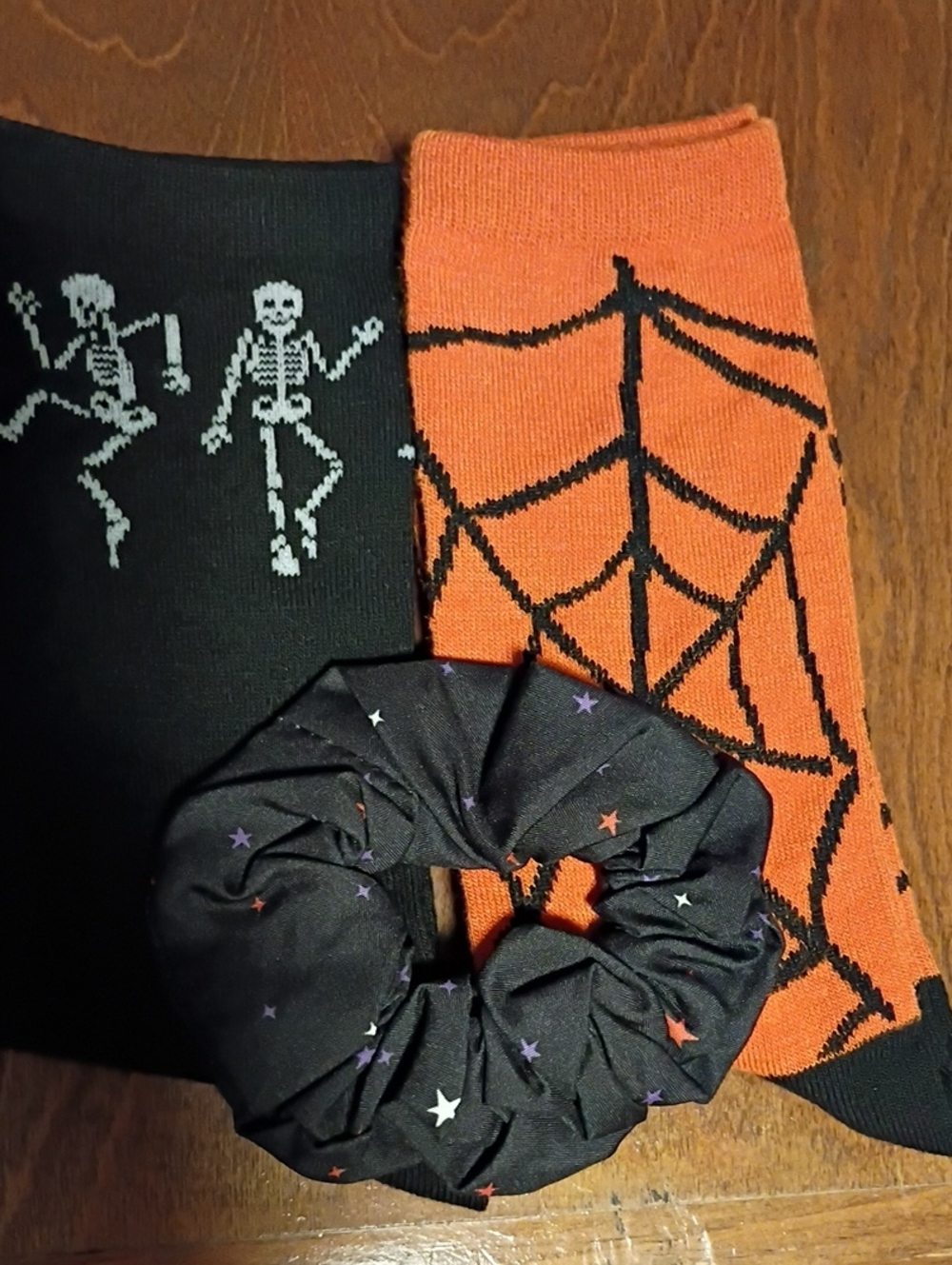 Halloween Socks and Scrunchie Set - Orange & Black Spiderweb and Skeleton